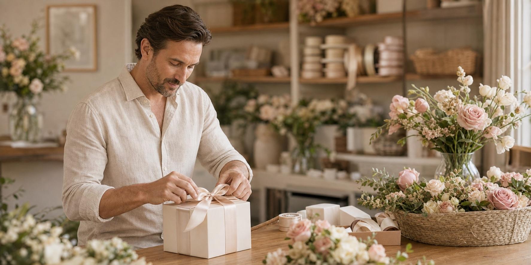 A gift maker carefully tying ribbon around a gift in the studio