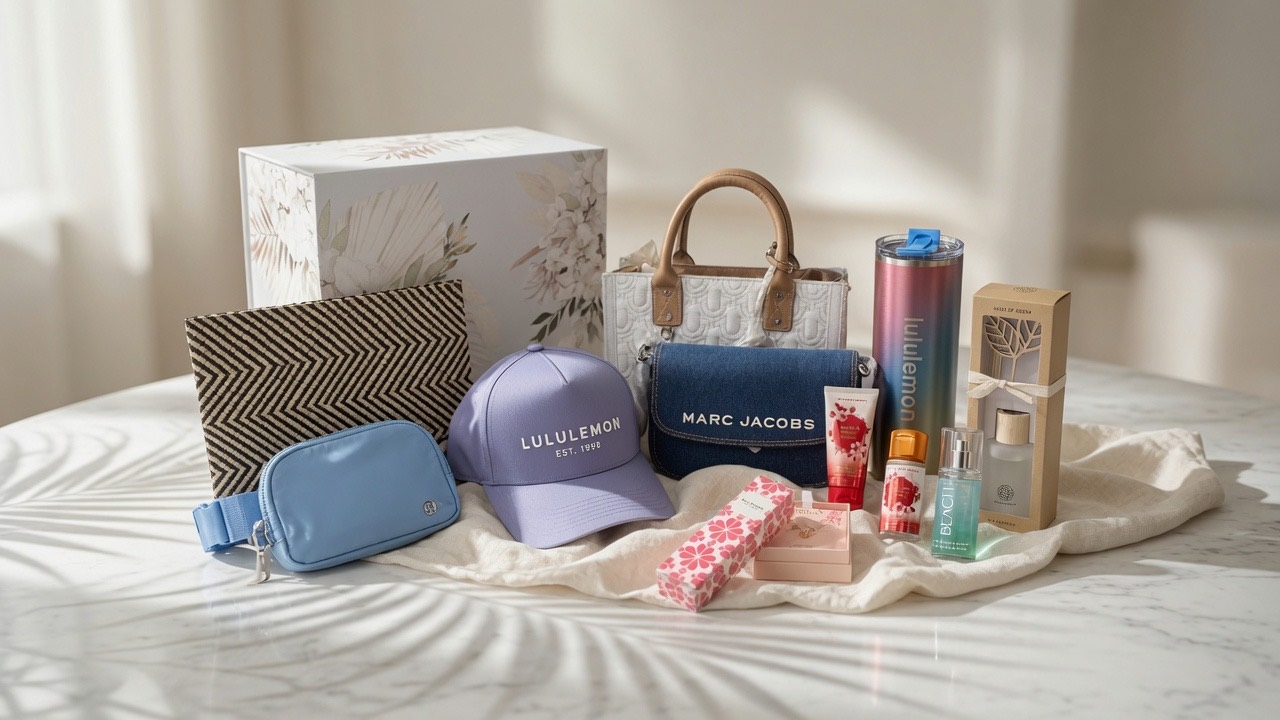 Luxury gift collection with designer accessories, a tumbler, beauty items, and a keepsake box